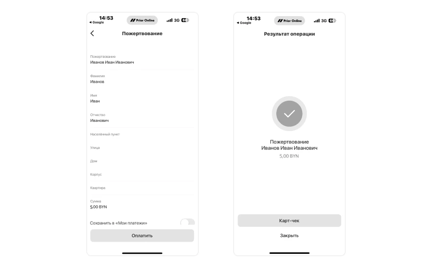 Совершаем пожертвование и видим результат операции