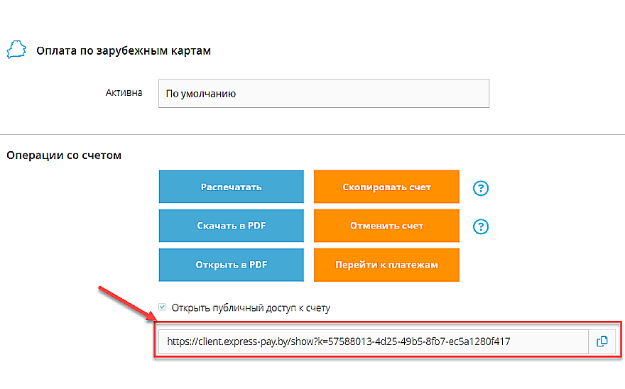 Ссылка, появившаяся при открытии публичного доступа к счёту