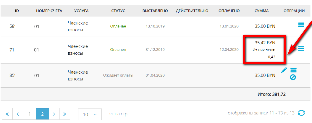 Список платежей с детализацией уплаченной пени