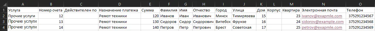 Пример заполнения файла импорта счетов со столбцом телефона для выполнения SMS-рассылки
